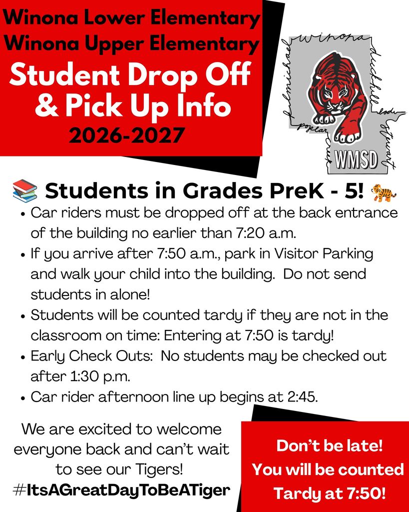 Red and white flyer with bold text. It includes information about student drop-off and pick-up for the 2026-2027 school year.