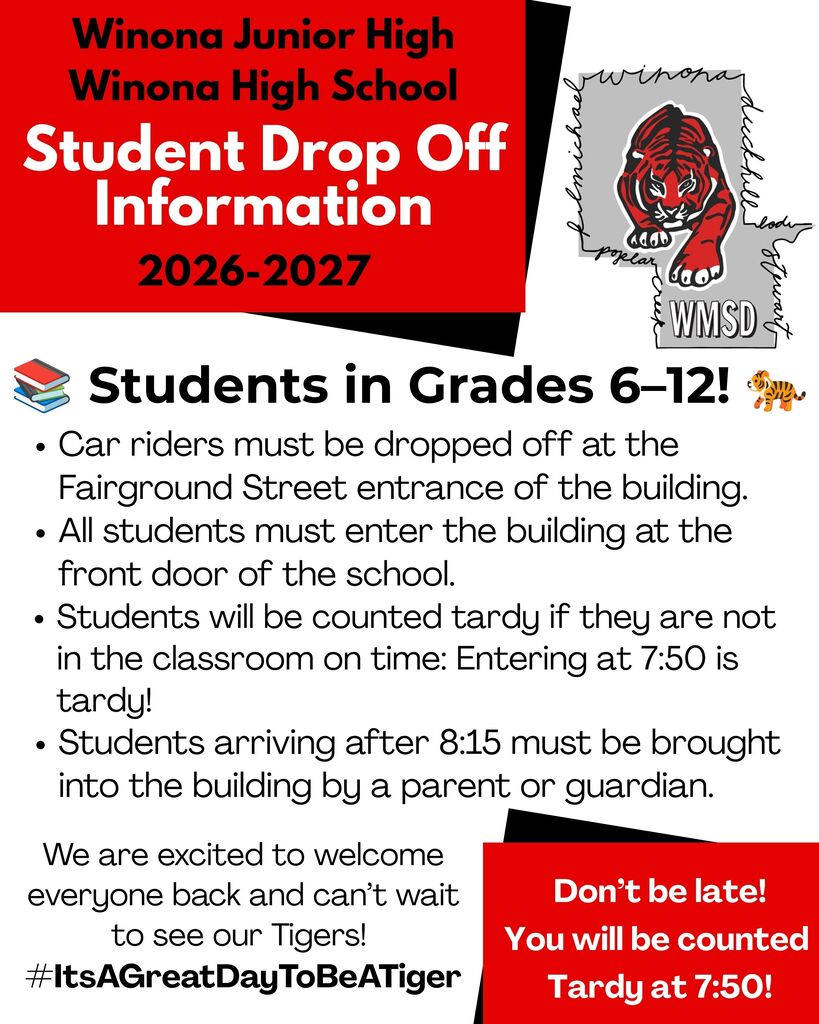 An informational poster for Winona Junior High and Winona High School. It outlines student drop-off rules for 2026-2027.