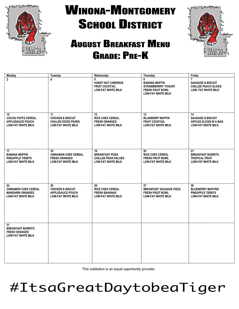 Menu with red logo at top. Menu lists breakfast options for each day of the week. Logo says "It's a Great Day to be a Tiger".