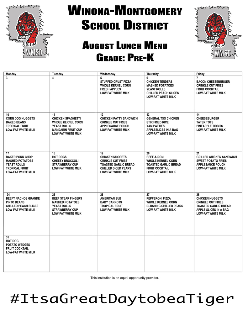 Menu list for Winona-Montgomery School District Grade Pre-K, with red tiger logo, date range, and food choices.