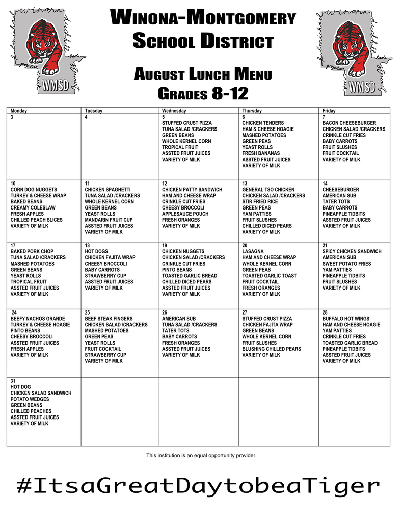 A menu for Winona-Montgomery School District's August Lunch Menu for grades 8-12. Menu items are listed in columns.