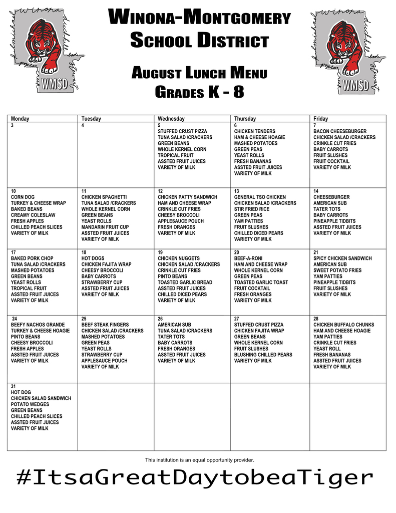 Weekly lunch menu for Winona-Montgomery School District, Grades K-8. Text includes options for each day of the week.