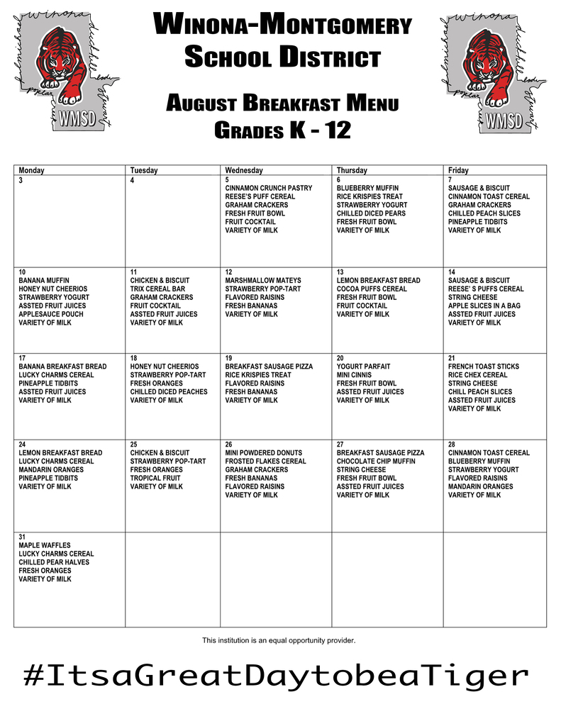 Winona-Montgomery School District menu for August breakfasts for grades K-12. Items include chicken, fruit, and milk.