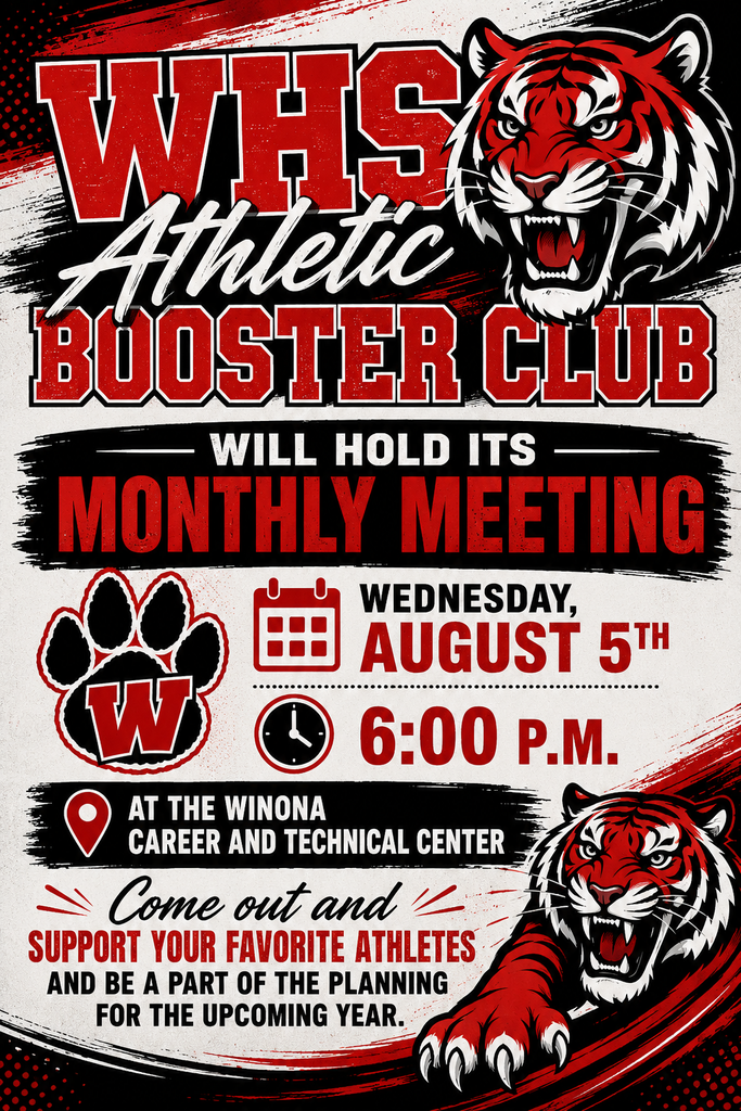 Poster with red, white, and black colors. It features a tiger's face, a paw print, and meeting details.