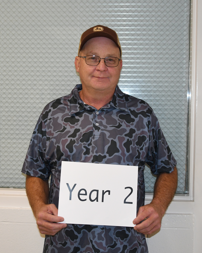 Person holds a white sign that says "Year 2" against a window. Person wears a brown cap and glasses.