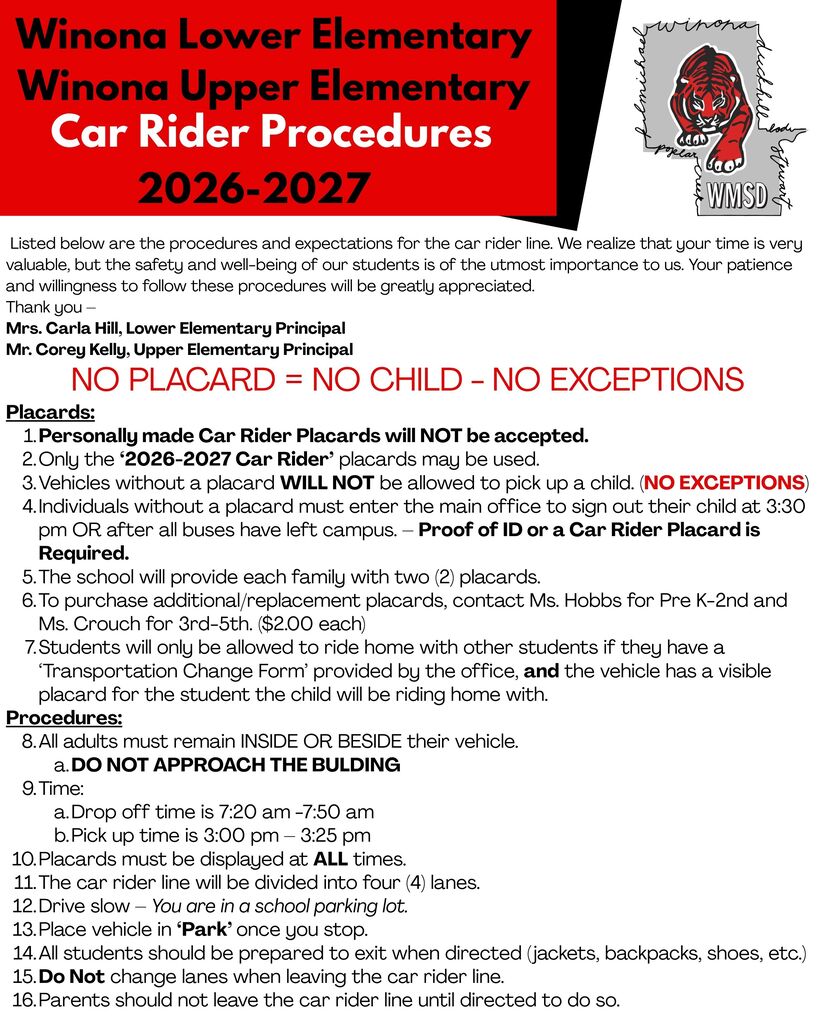 A flyer for Winona Lower Elementary and Winona Upper Elementary car rider procedures, listing rules, requirements, and timing.