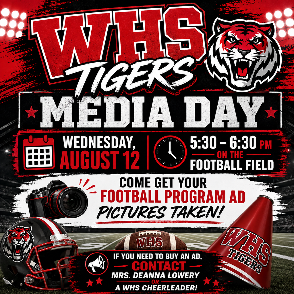 A poster for Media Day with red and black colors. It includes a tiger logo, a football helmet, a football, a megaphone, and a camera.