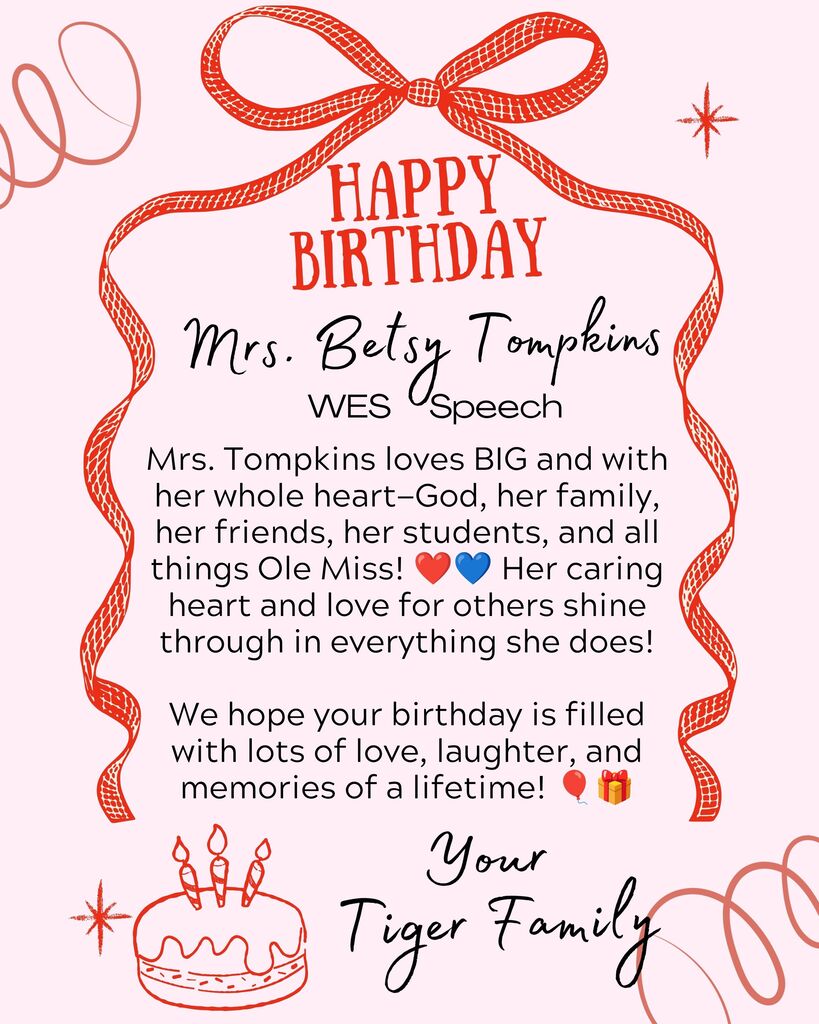 A pink birthday card with a red ribbon border features text for Mrs. Betsy Tompkins. It includes a cake graphic, candles, and wishes for a joyful celebration.