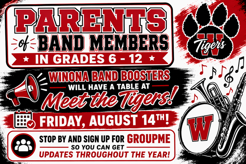 A poster for the Winona Band Boosters invites parents of band members to meet the Tigers at an event on August 14.