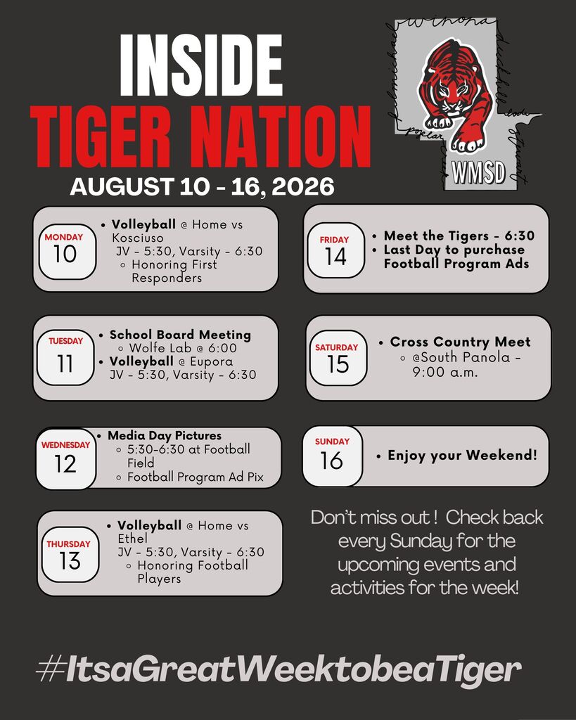 A black background with white text details weekly events from August 10 to 16, 2026, including Volleyball, Media Day, Cross Country, and School Board meetings.