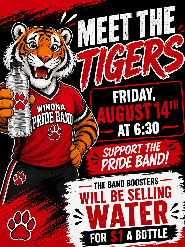 A poster displays a tiger mascot holding a water bottle. The text reads "Meet the Tigers" and includes event details.