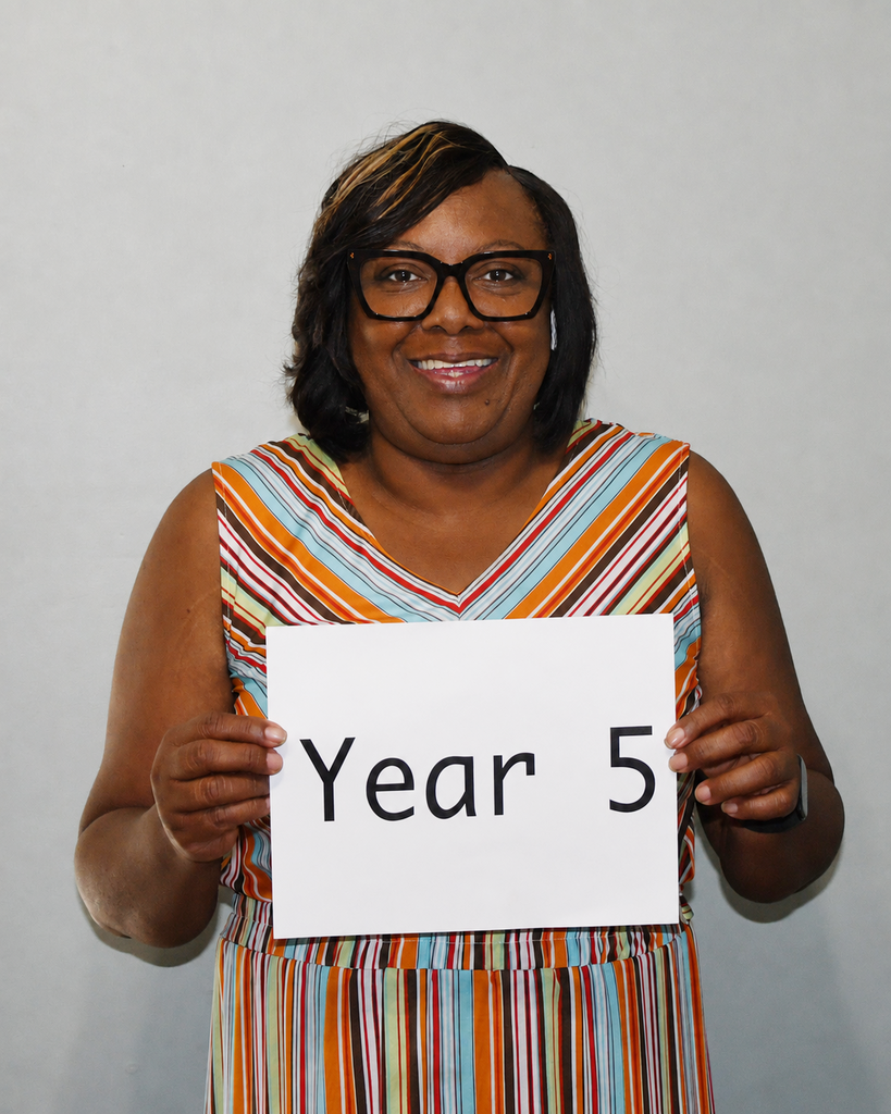 Person in glasses and a colorful dress holds a sign that says "Year 5" in front of a plain background.