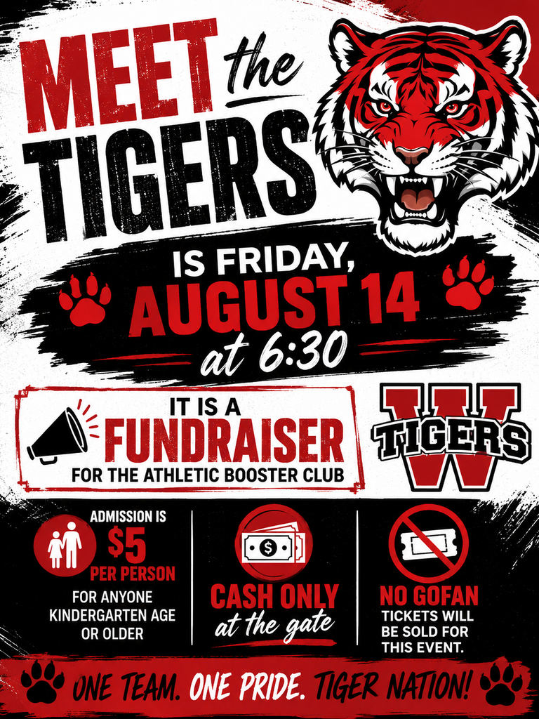 An event poster features a tiger's head, "Meet the Tigers" in bold, and details for a fundraiser on August 14.