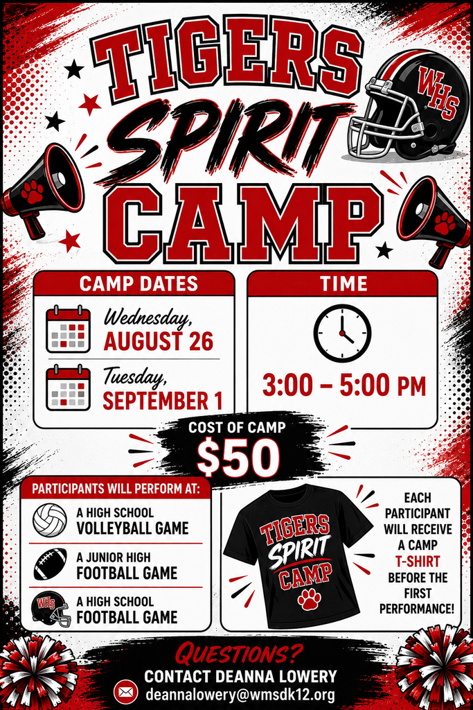 Red and black poster for Tigers Spirit Camp. Details include dates, times, cost, and what participants receive.