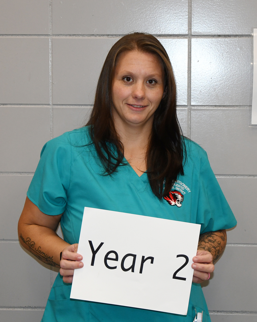 A woman in a green shirt holding a sign that reads "Year 2" stands against a light-colored wall.