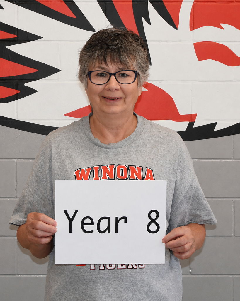 A person wearing glasses holds a sign that reads "Year 8" in front of a brick wall with a school mascot.