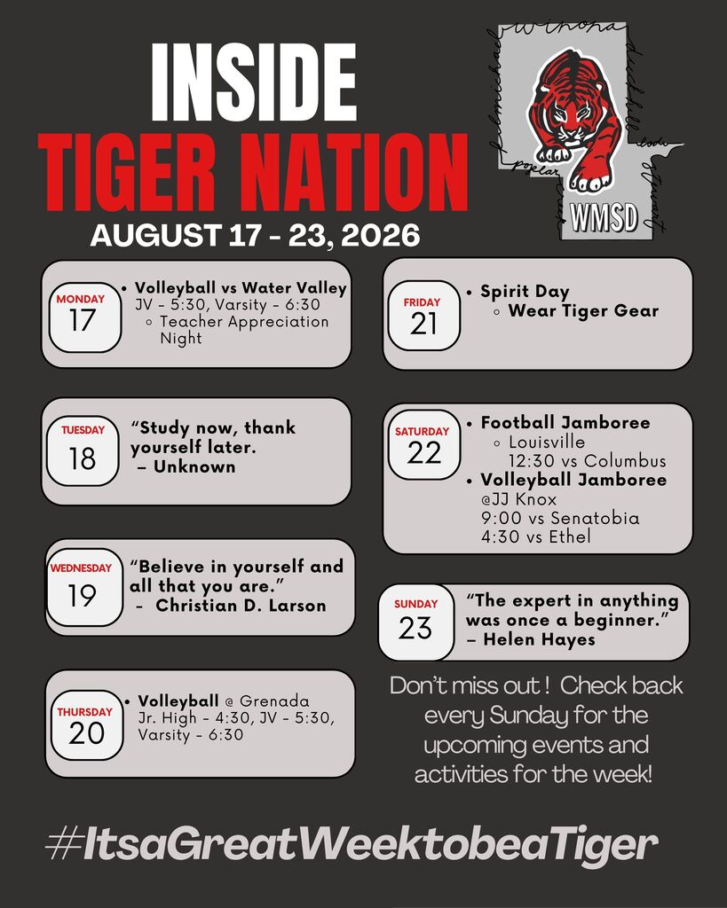 Black poster with red text and logo. Dates and events for August 17-23, 2026. Highlights include volleyball, football, and a spirit day.