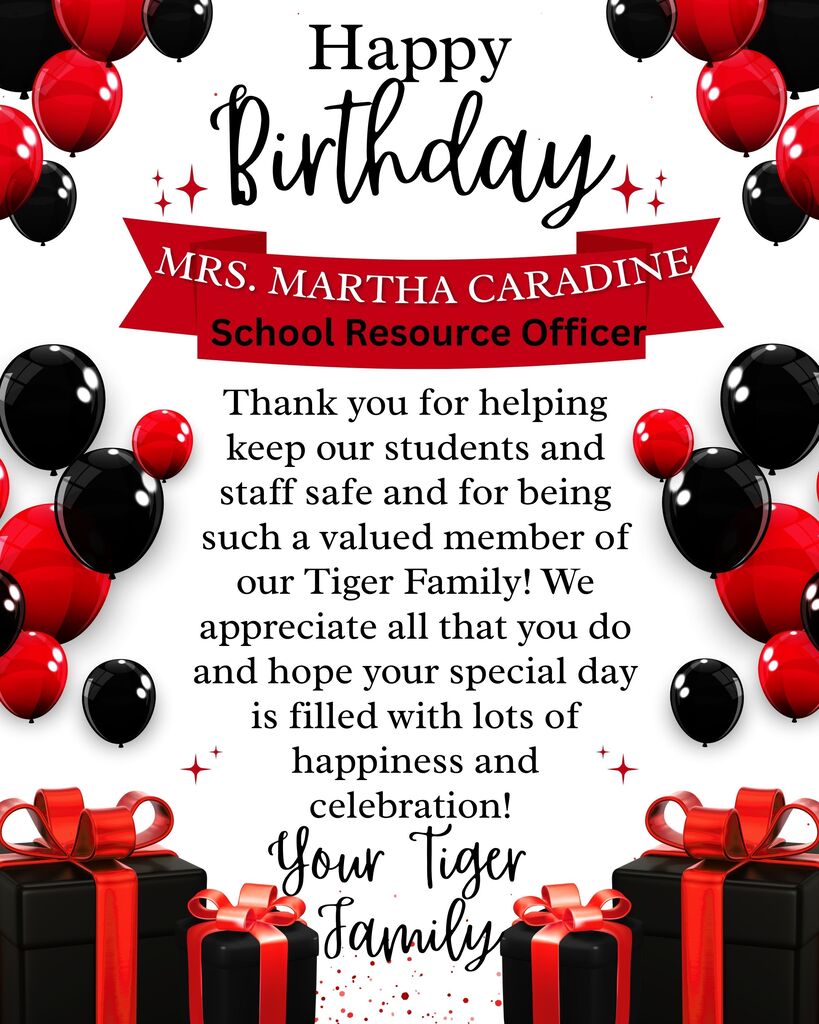 A birthday card for Mrs. Martha Caradine, a school resource officer. It features red and black balloons, two gift boxes, and the text "Happy Birthday" in red.