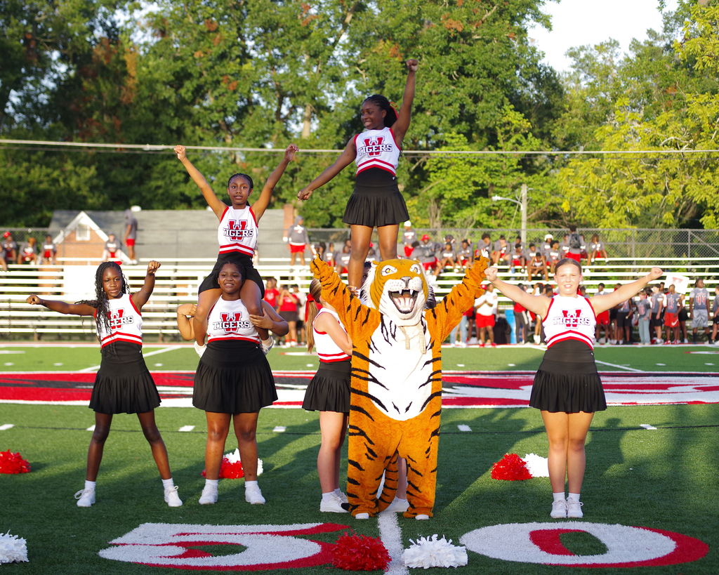 Cheerleaders perform on a field, with two cheerleaders lifted by others, while a mascot stands in front of them.