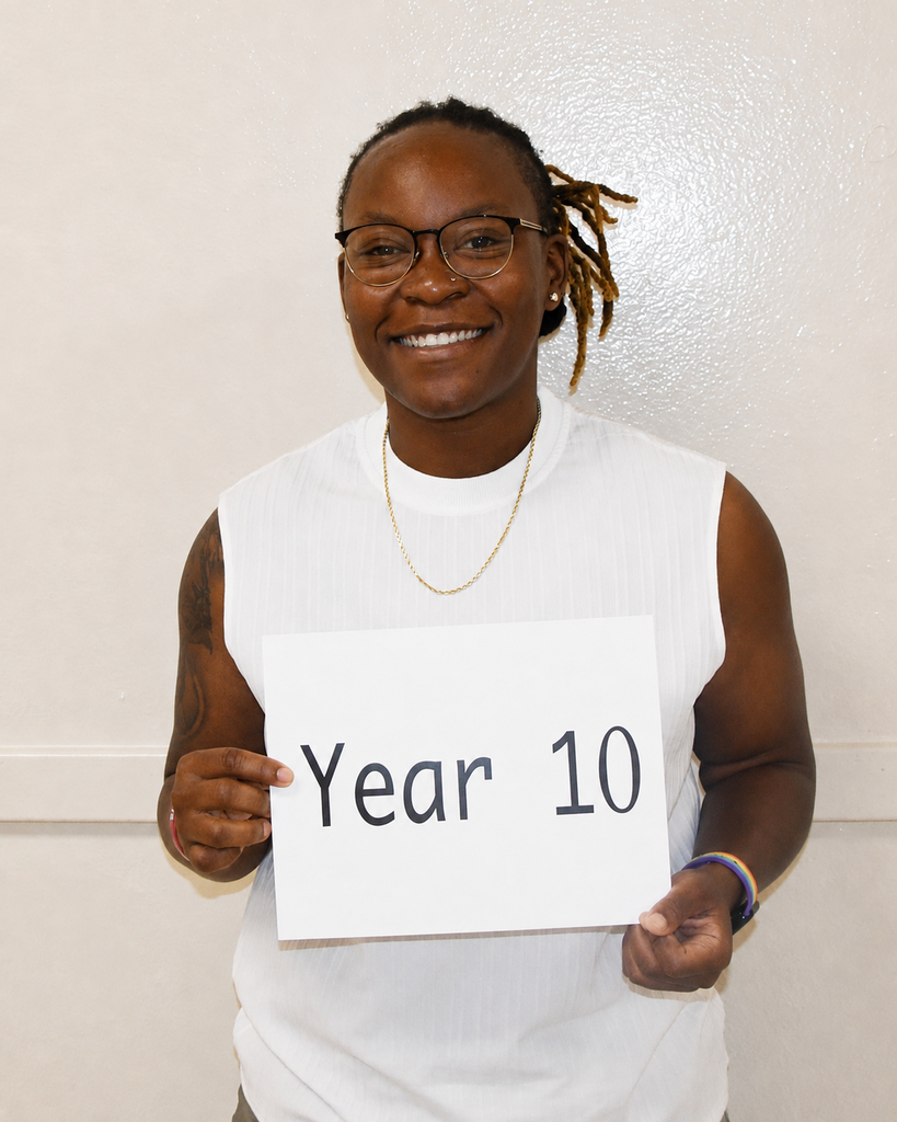 A person holding a sign that says "Year 10". The person is wearing a white sleeveless top, glasses, and a necklace.
