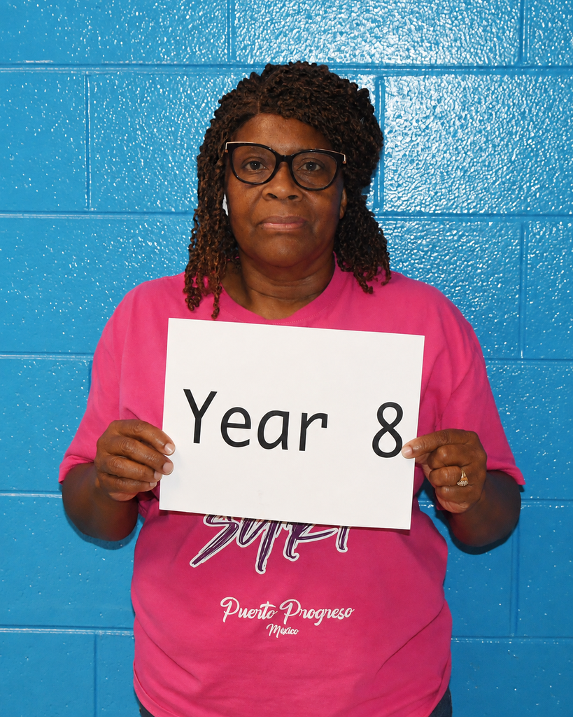 Person holding a white sign with "Year 8" on it, wearing a pink shirt, glasses, and a ring.