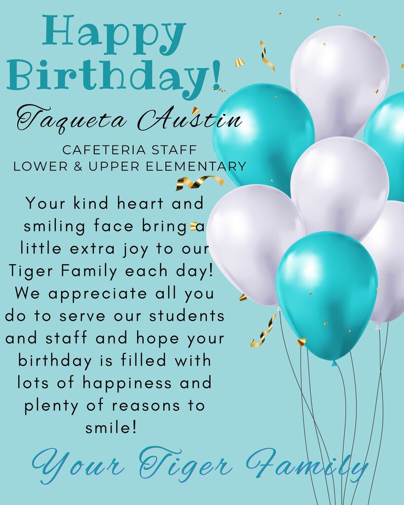 A birthday card with blue and white balloons, a teal background, and text about a cafeteria staff member.