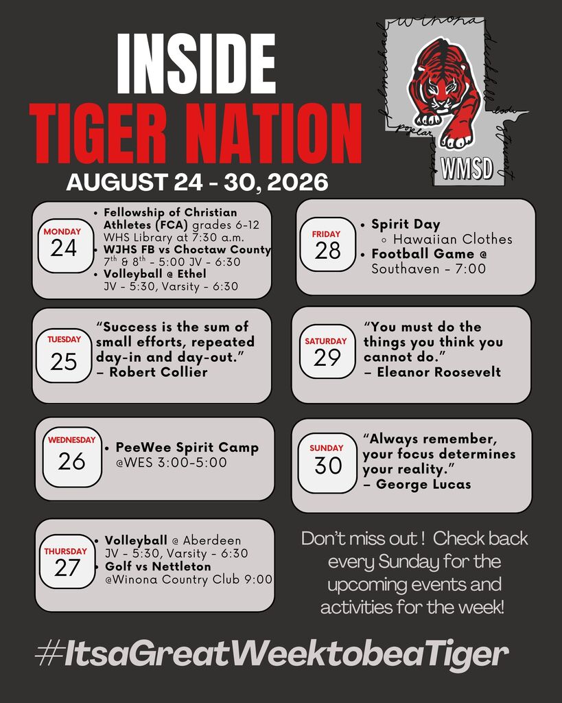 An event schedule from August 24 to August 30, 2026, for Tiger Nation, including dates, activities, and quotes.