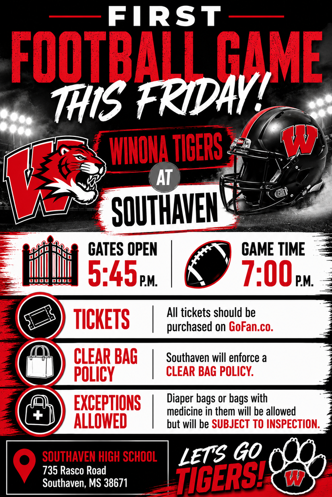 An event flyer announces a football game with the Winona Tigers at Southhaven High School. The date and time are Friday, 5:45 p.m. gates open, and 7:00 p.m. game time.