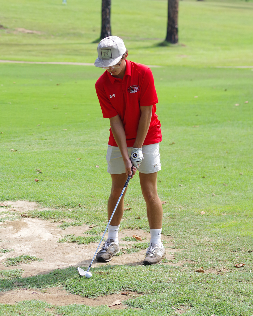 Golfer standing on green course, holding club, wearing red shirt, white cap, and white shorts, preparing to hit a ball.