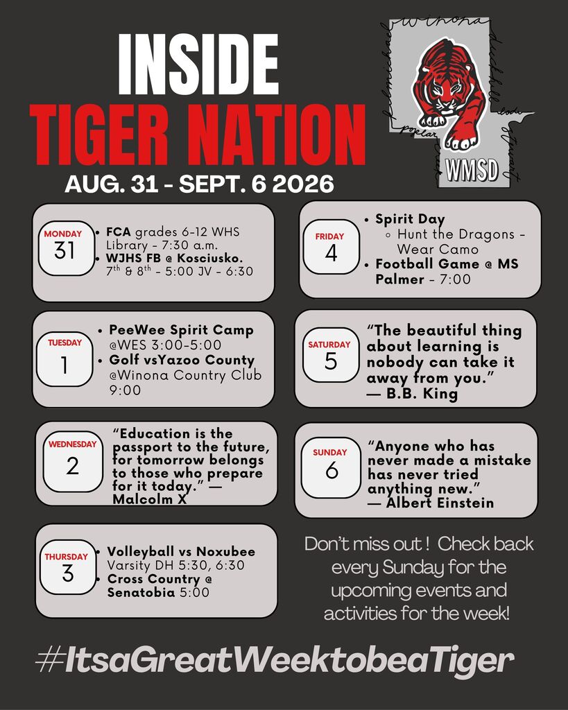 Black background displays a schedule with bold text. "Inside Tiger Nation" and dates "AUG. 31-SEPT. 6 2026" at top. Schedule includes FCA, Spirit Day, and sports events.