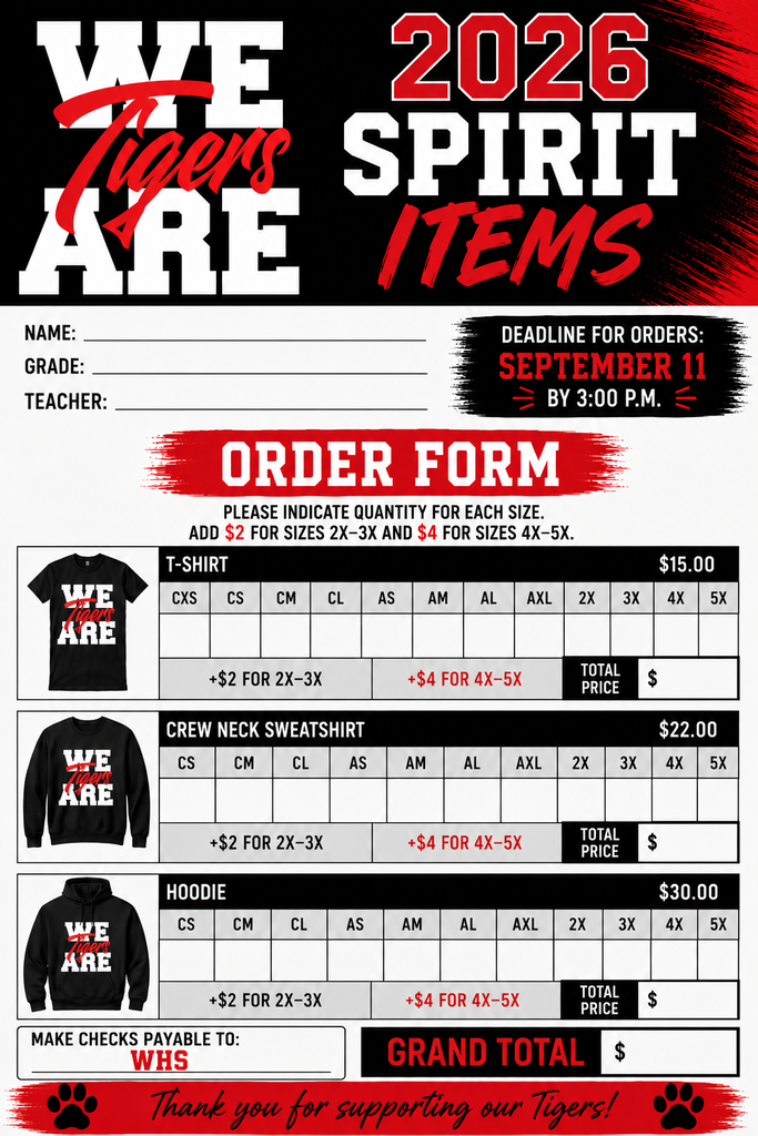 A form with "2026 Spirit Items" in red text. Sections include "Order Form" with sizes, prices, and a grand total.