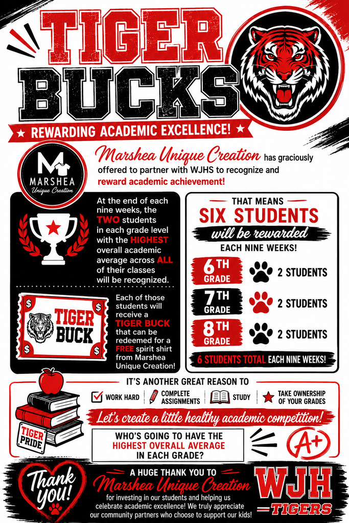An educational poster displays "TIGER BUCKS" in bold letters. It highlights that six students are awarded for their academic excellence, with specific weekly rewards.