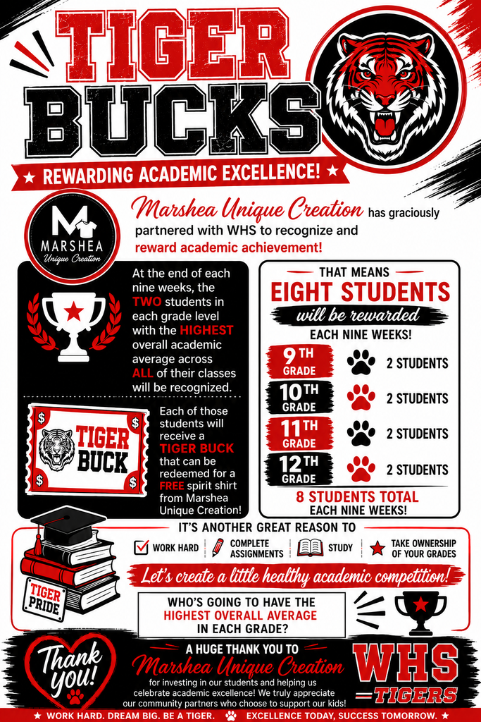 Poster with red text and black border. A tiger and books. The title reads, "Tiger Bucks: Rewarding Academic Excellence."