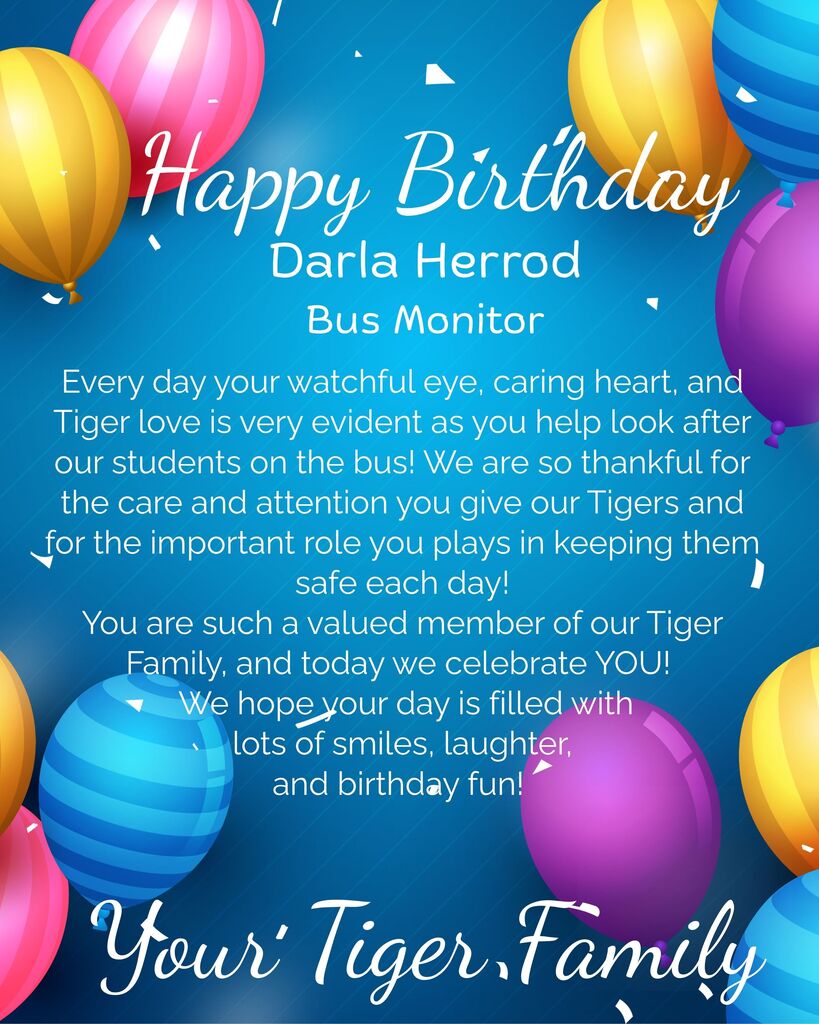 A birthday card with colorful balloons, a blue background, and text. It reads "Happy Birthday Darla Herrod." The card wishes Darla a joyful day.