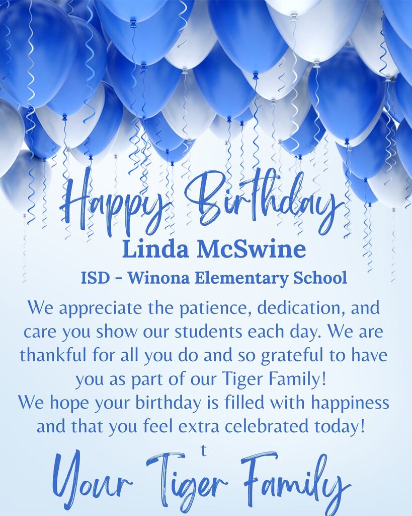 A birthday card with blue balloons and white streamers. The card reads, "Happy Birthday Linda McSwine." It's from ISD - Winona Elementary School.