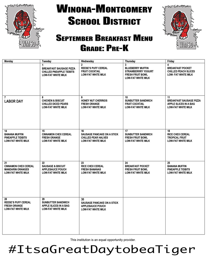 A table with text titled "Winona-Montgomery School District September Breakfast Menu." It includes columns for Monday through Friday, with each day showing a breakfast menu.