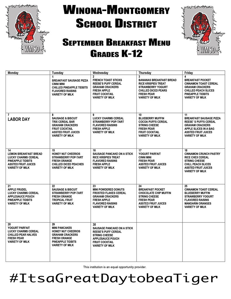 A table showing breakfast and lunch options for Winona-Montgomery School District students from grades K-12.