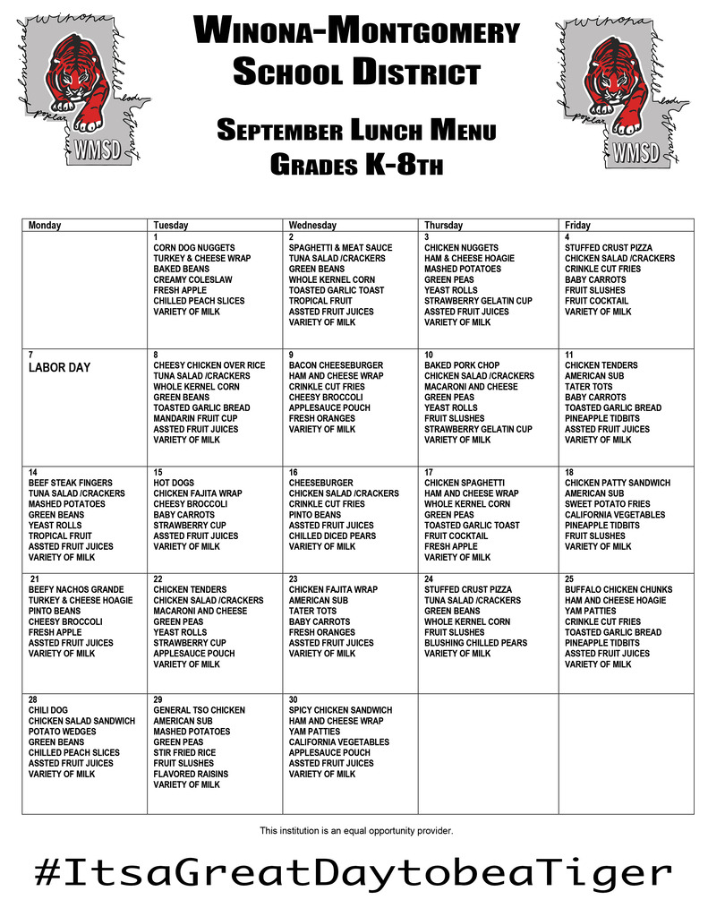 Weekly menu for Winona-Montgomery School District's grades K-8. Meals include options like corn nuggets and beef tacos.