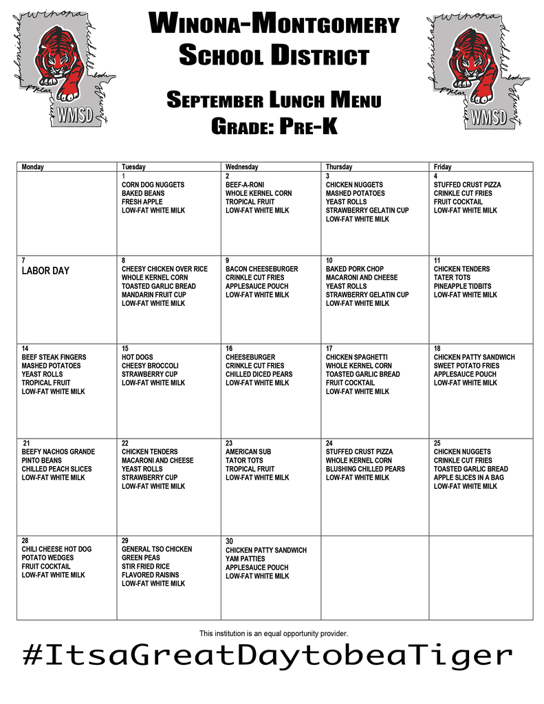 Winona-Montgomery School District menu for grades pre-K to 12 for the month of September. Meals listed by day.