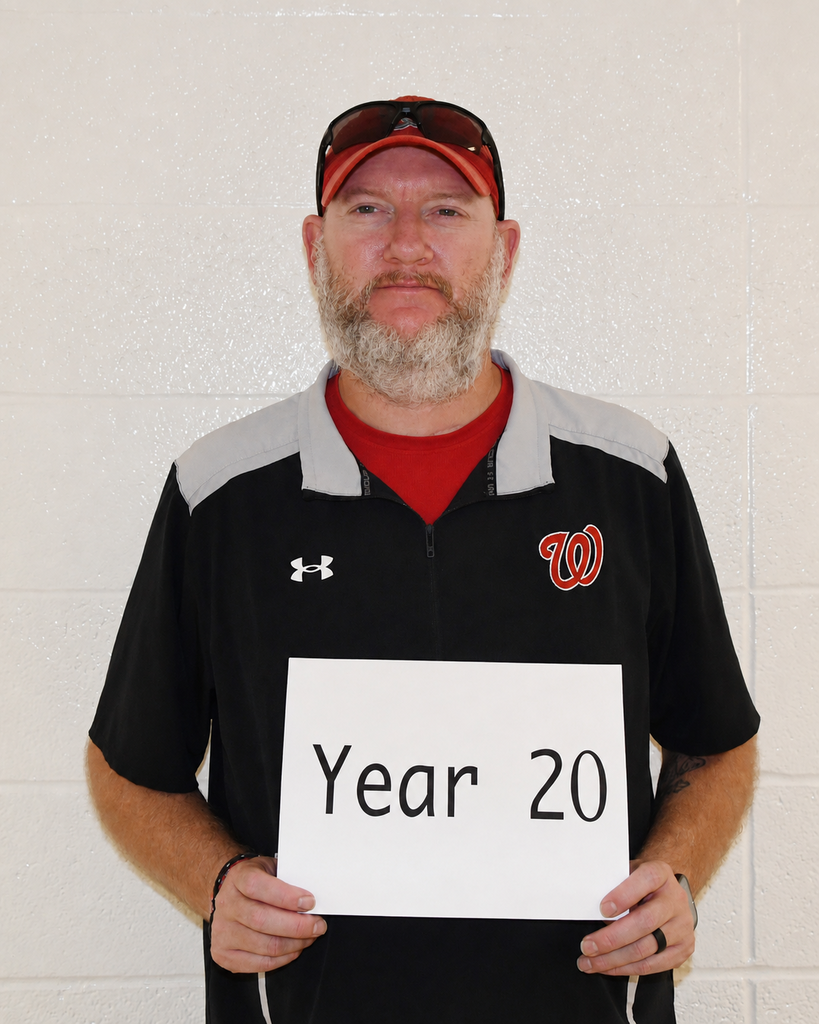A man in a black shirt with white accents stands against a white wall, holding a white sign that reads "Year 20."
