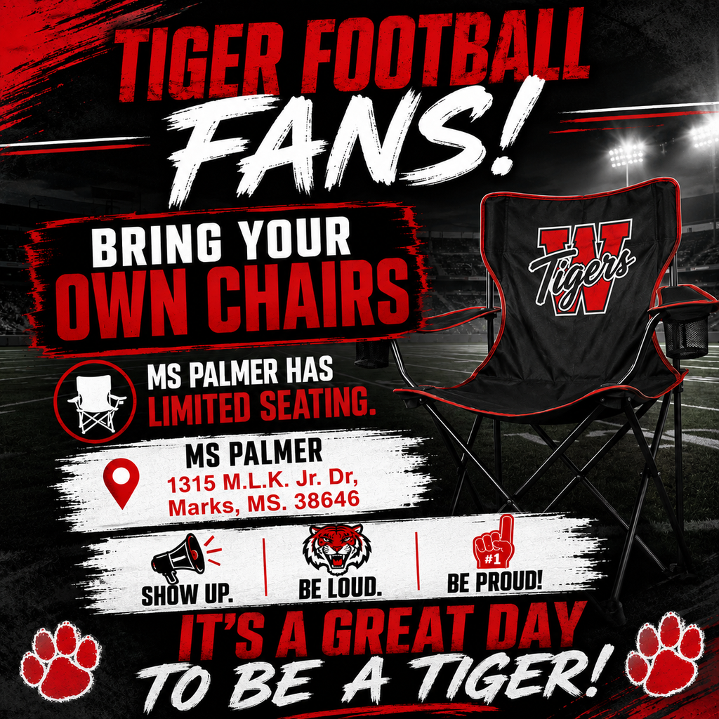 Advertisement for Tiger football fans to bring own chairs. Event details and mascot paw prints. Red and black colors.