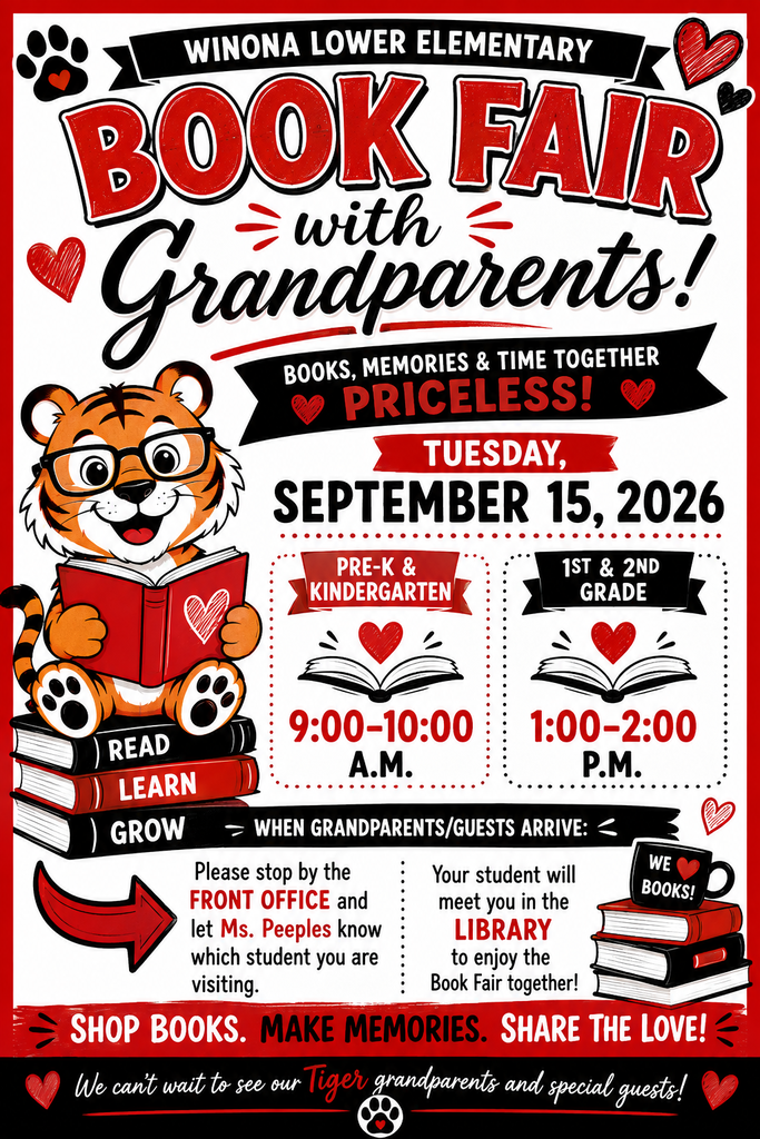 A flyer for a Book Fair with Grandparents at Winona Lower Elementary, September 15, 2026. A tiger reading.