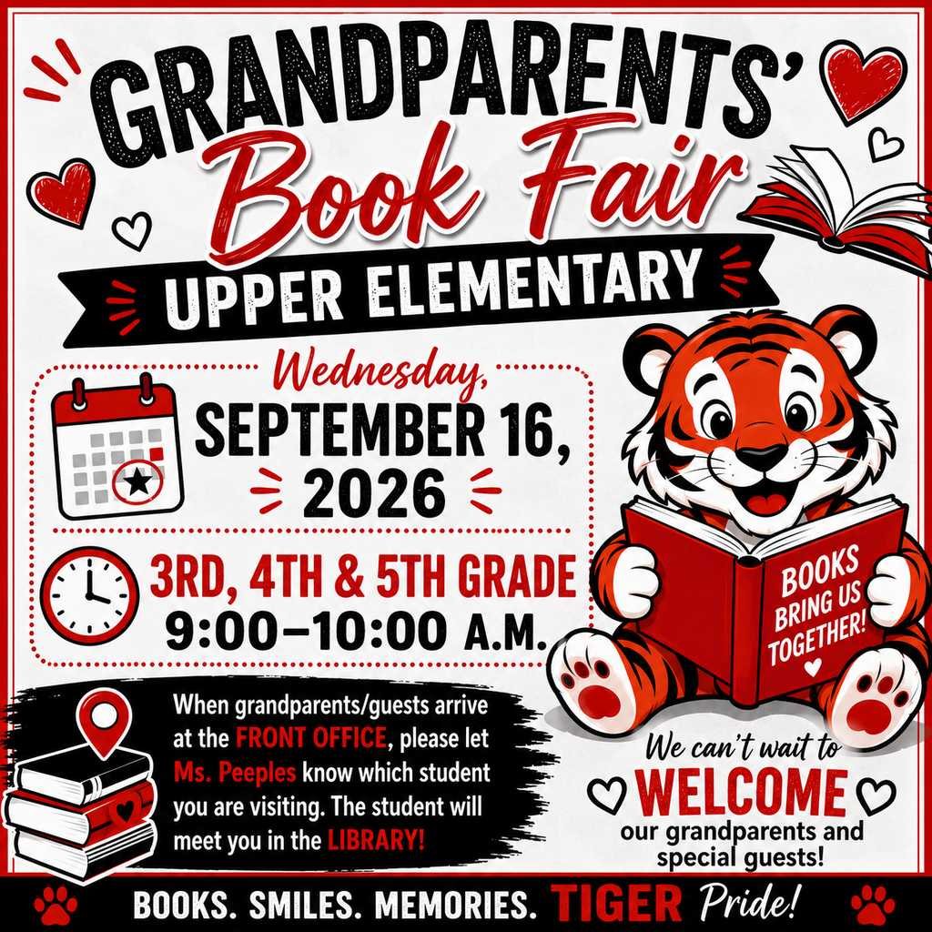 A flyer for the Grandparents' Book Fair at Upper Elementary on September 16, 2026, from 9:00-10:00 AM.