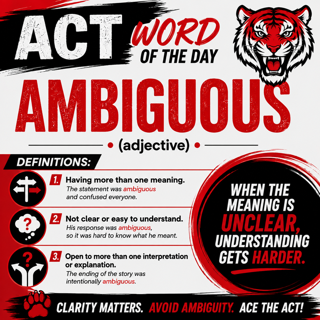 A poster displays the word 'ambiguous' with bold red text. A tiger image, red background, and icons are present.