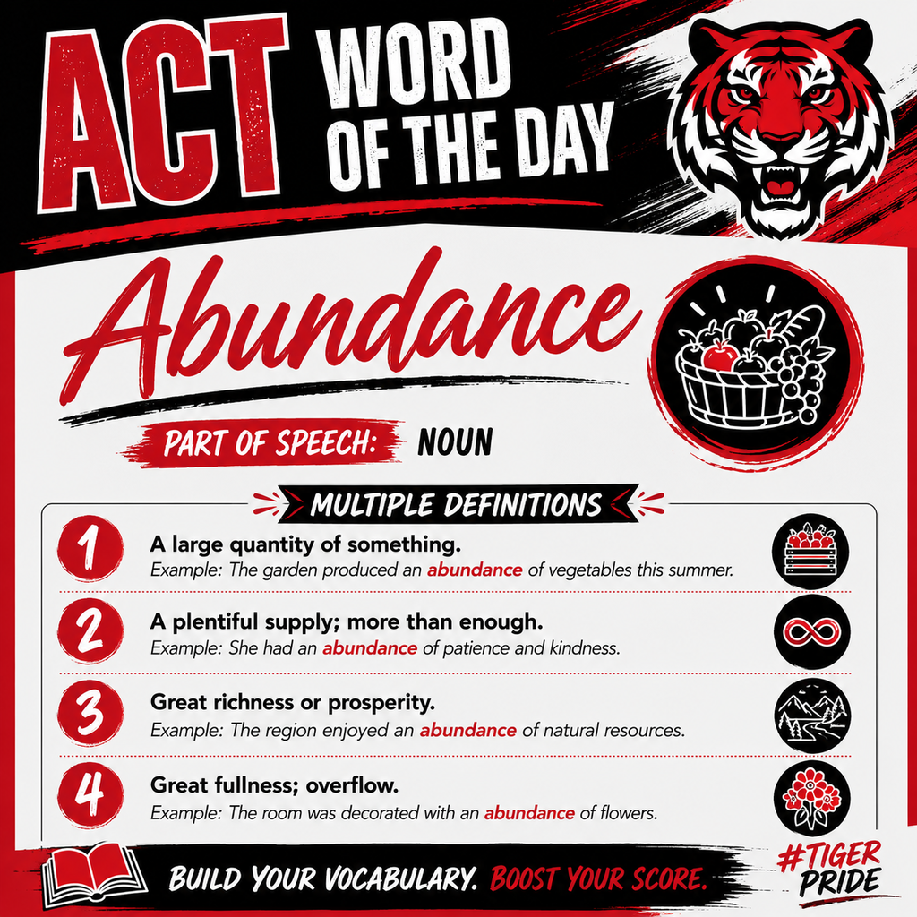 A word of the day poster featuring a tiger. It shows the word "abundance" and its meaning.