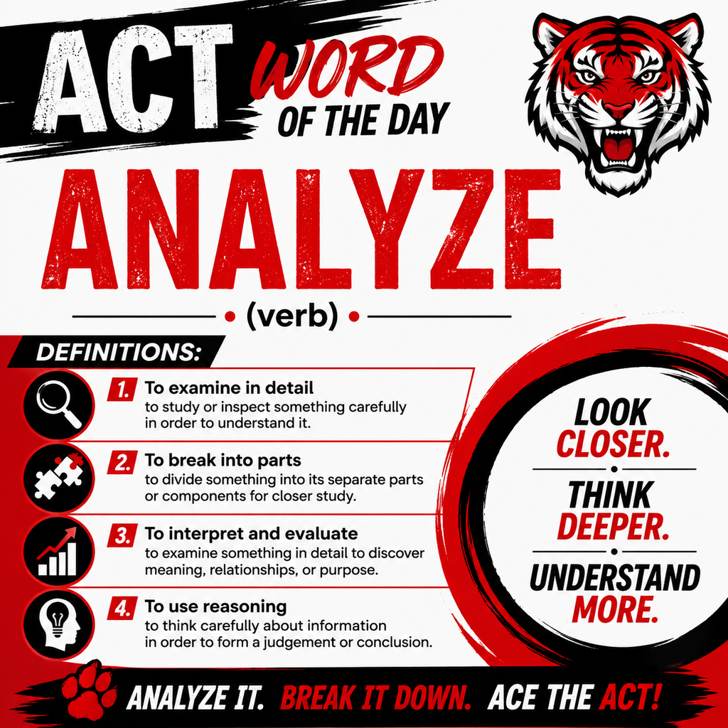 Word of the day poster with a tiger icon. Features the word "analyze" with definitions.