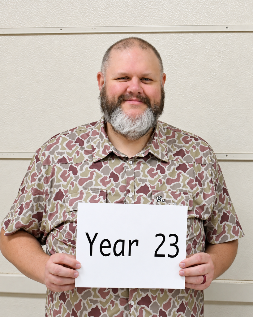 A person with a beard holds a sign saying "Year 23" against a white wall. The person wears a camouflage shirt.