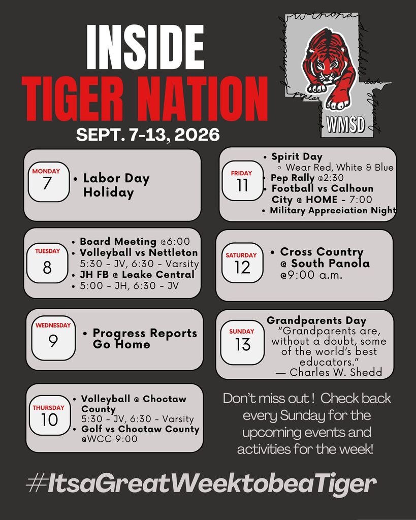 Black background displays "Inside Tiger Nation" with dates Sept. 7-13, 2026. Schedule lists events: Labor Day, Beard Meeting, Cross Country, Grandparents Day.