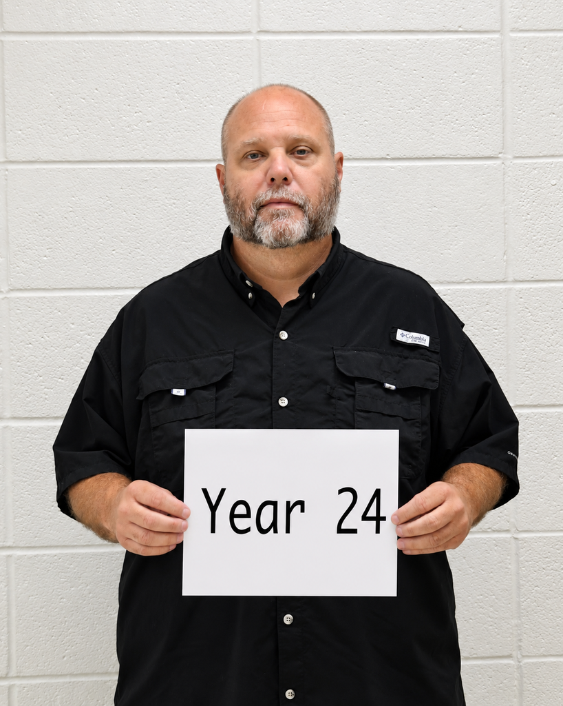 Man in black shirt holding a white sign with the text "Year 24" against a white brick wall.