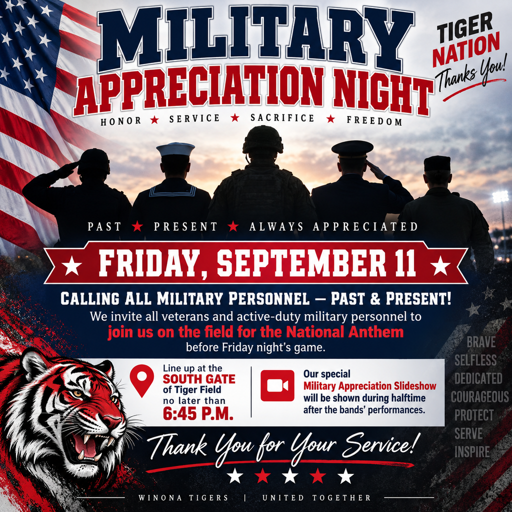An event poster for Military Appreciation Night. Five uniformed soldiers stand behind an American flag. The date is September 11.